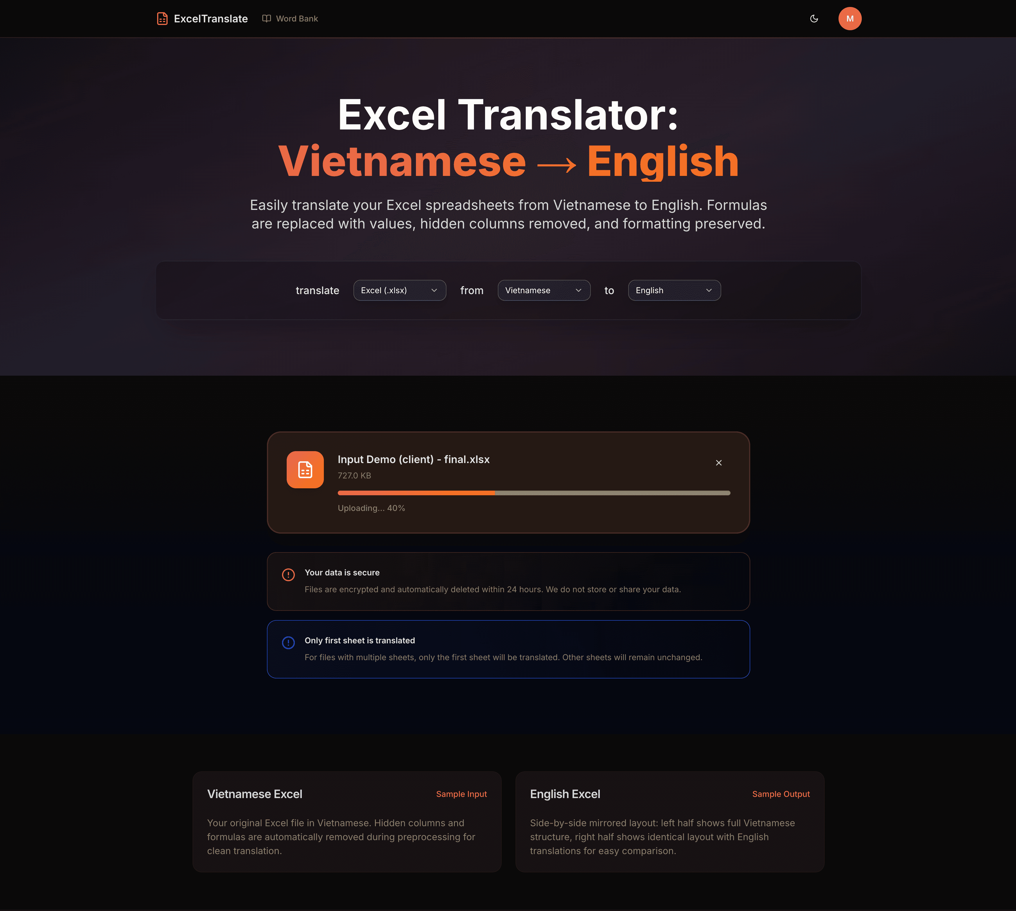 Excel Translate - AI-Powered Document Translation System screenshot 1